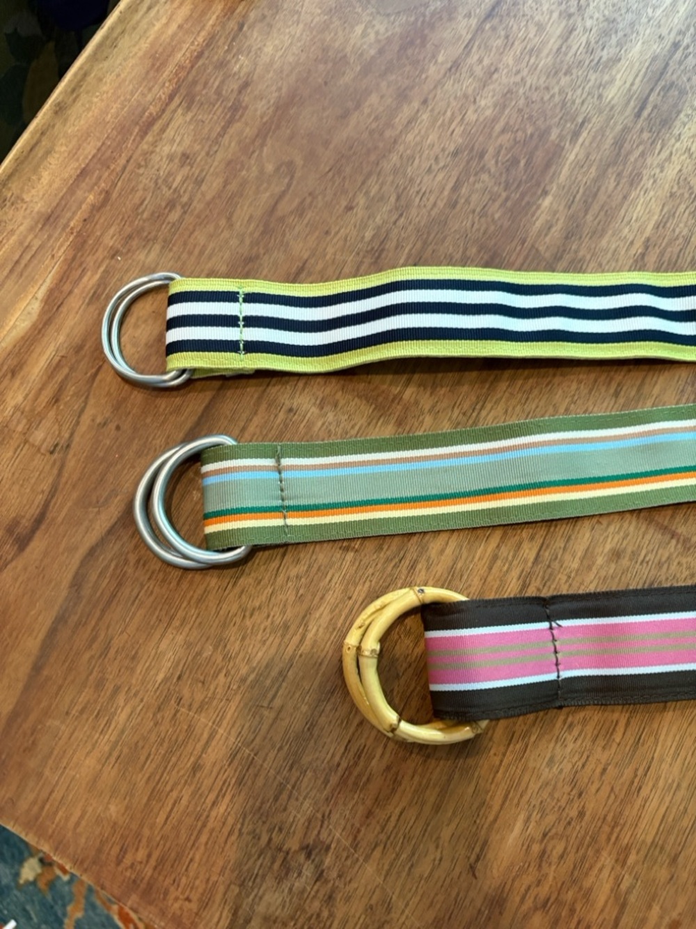 J. Crew Striped Ribbon D-Ring Belts in Pink, Green, Navy and Yellow, Brown - Picture 4 of 4